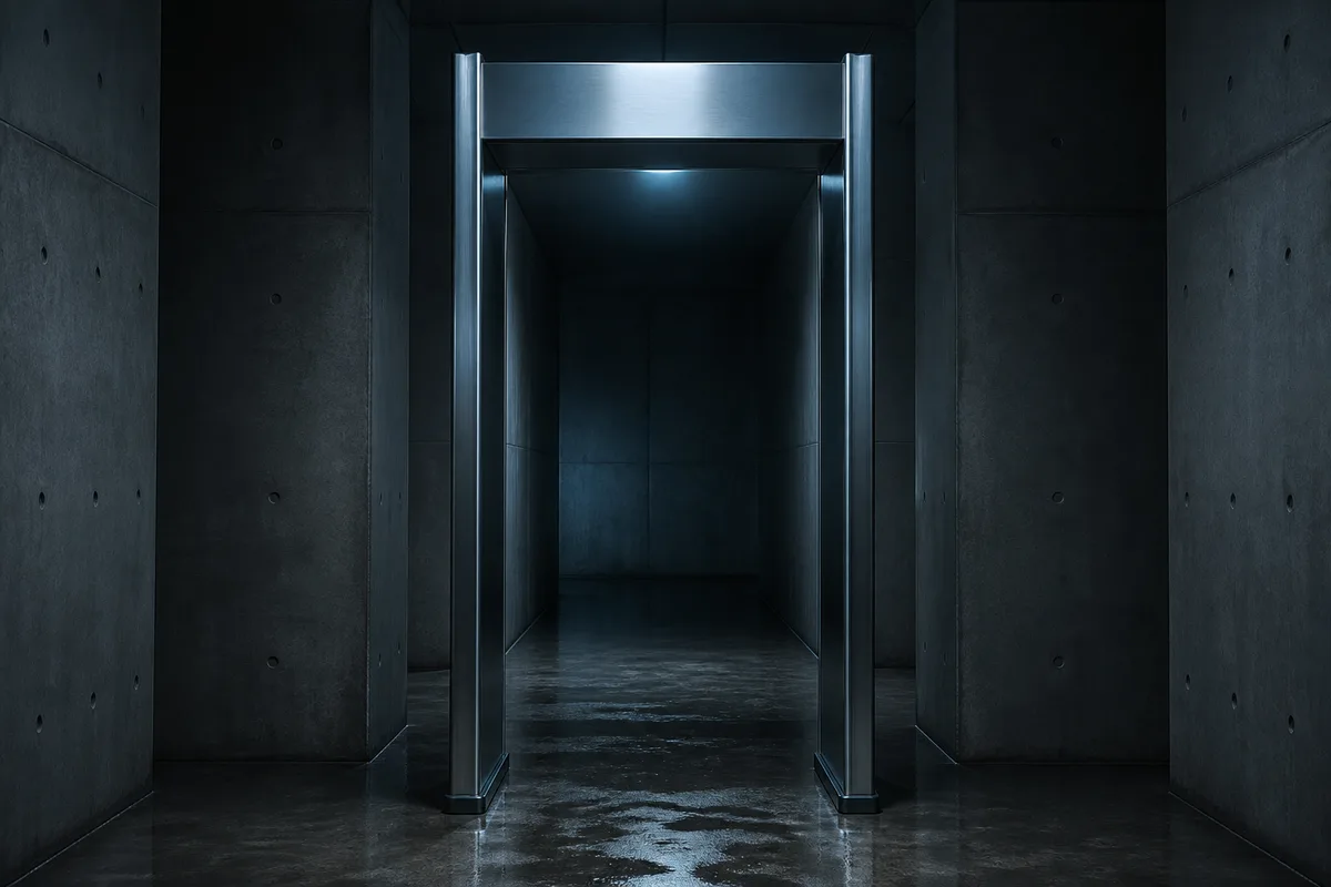Portique de sécurité métallique dans un couloir sombre