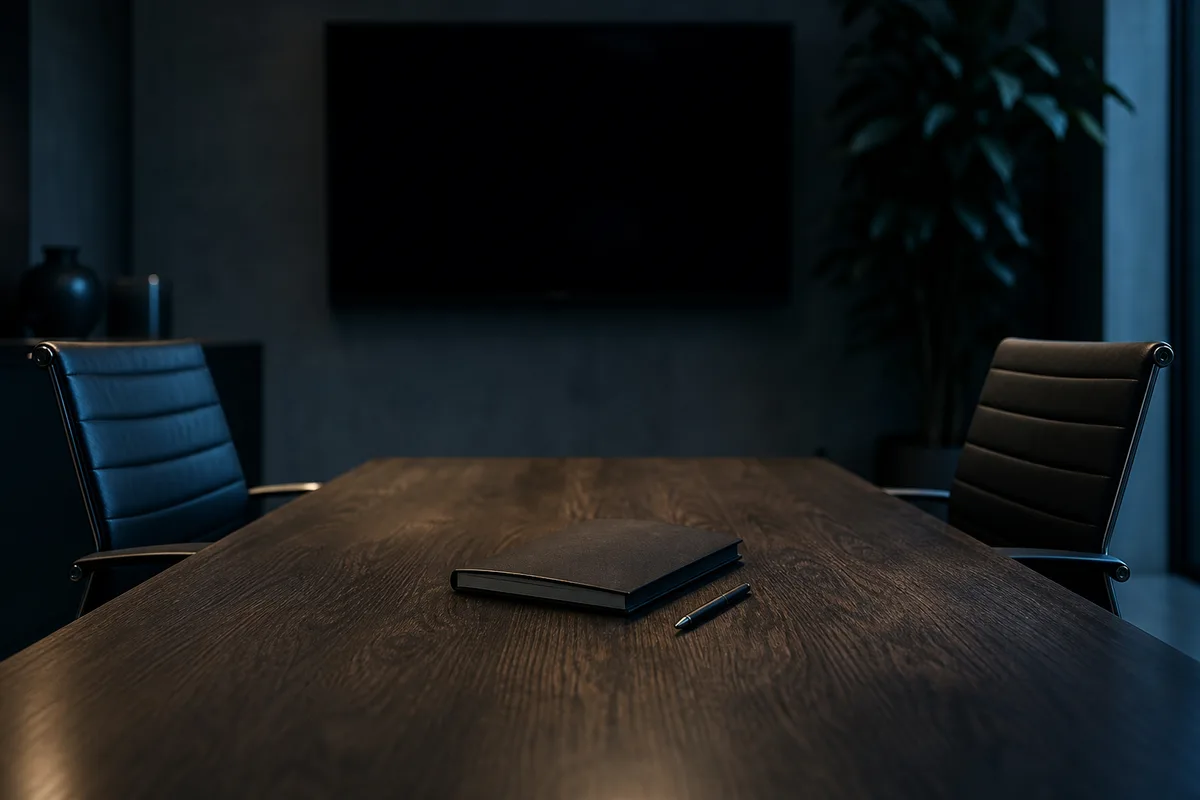 Table de réunion vide dans une salle sombre, deux chaises face à face