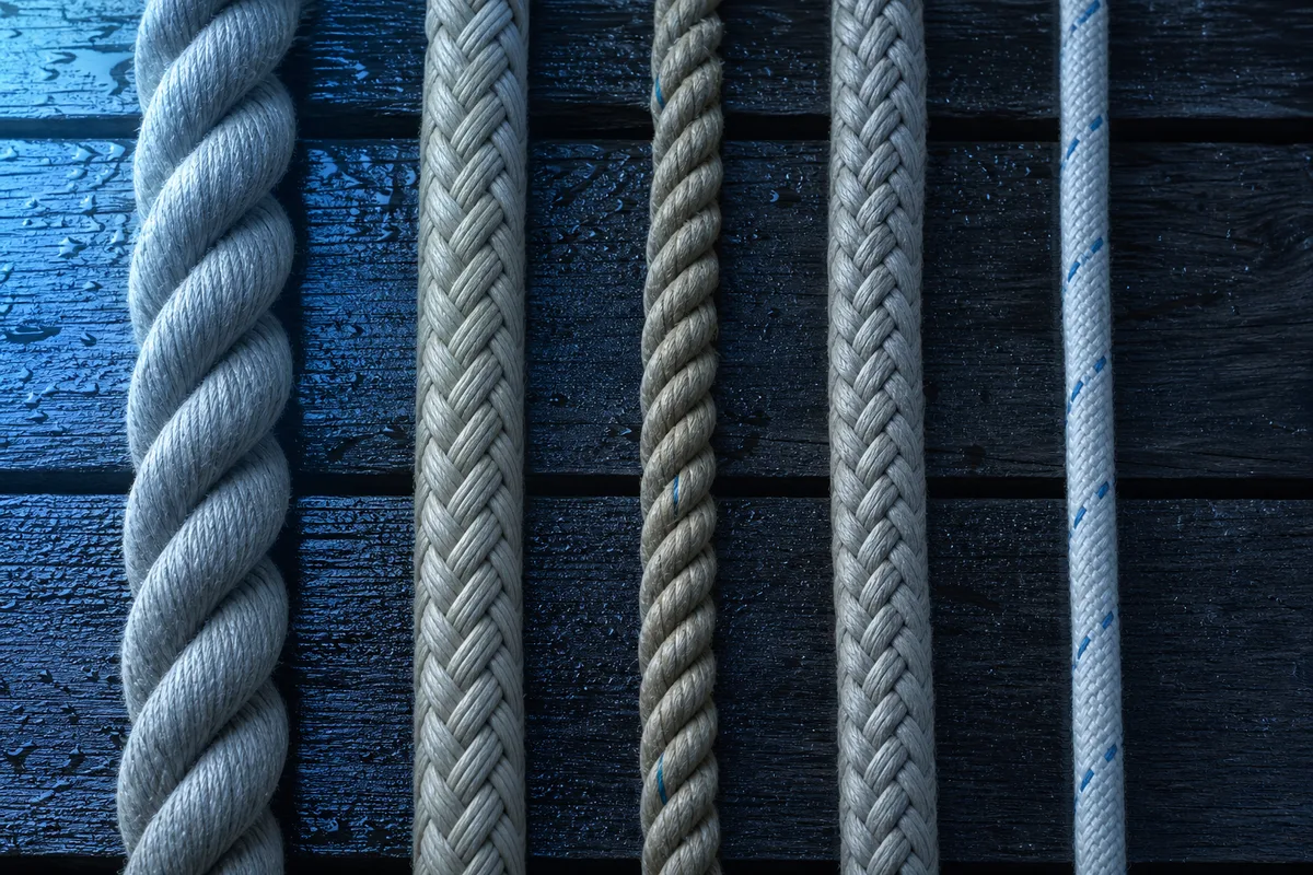 Cinq cordages de sections différentes alignés sur un ponton sombre
