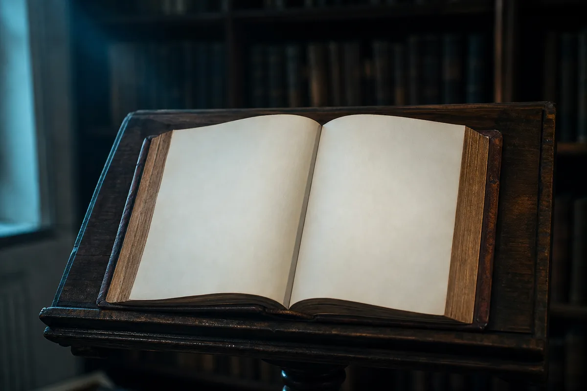 Livre relié ouvert au milieu d'une bibliothèque sombre