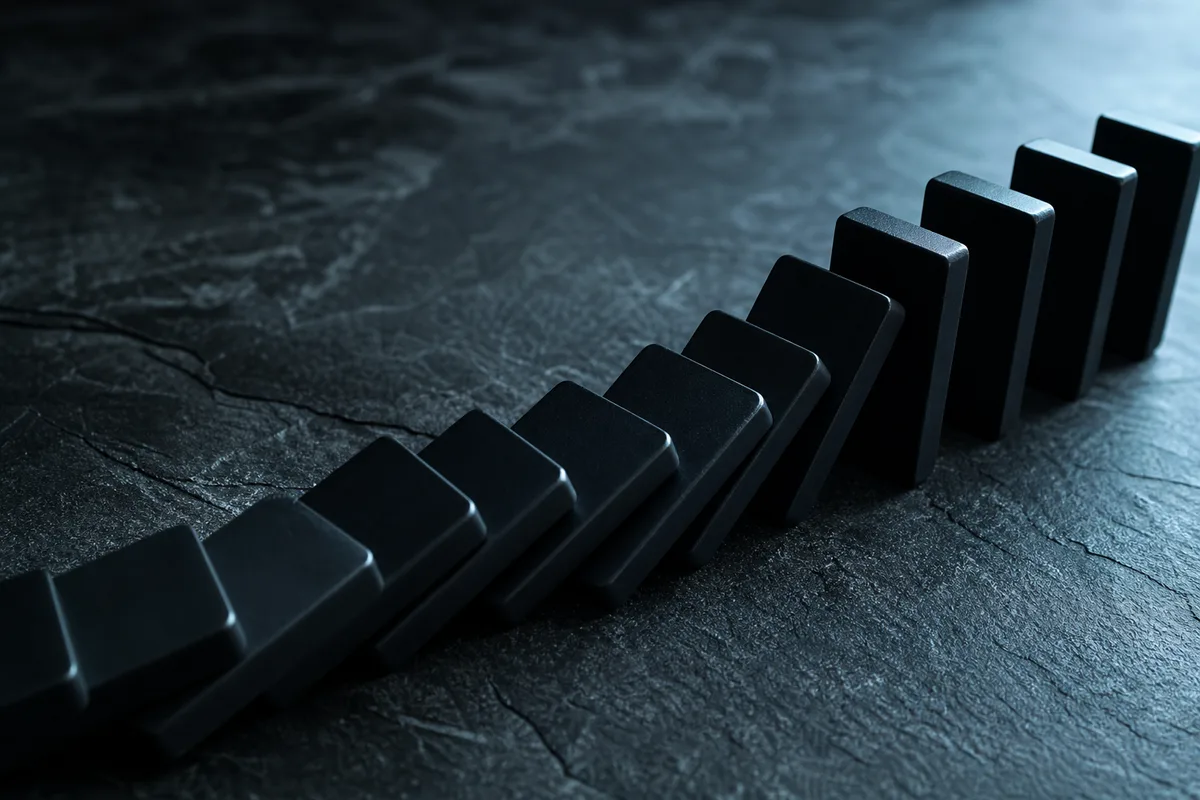 Rangée de dominos renversés sur une surface sombre