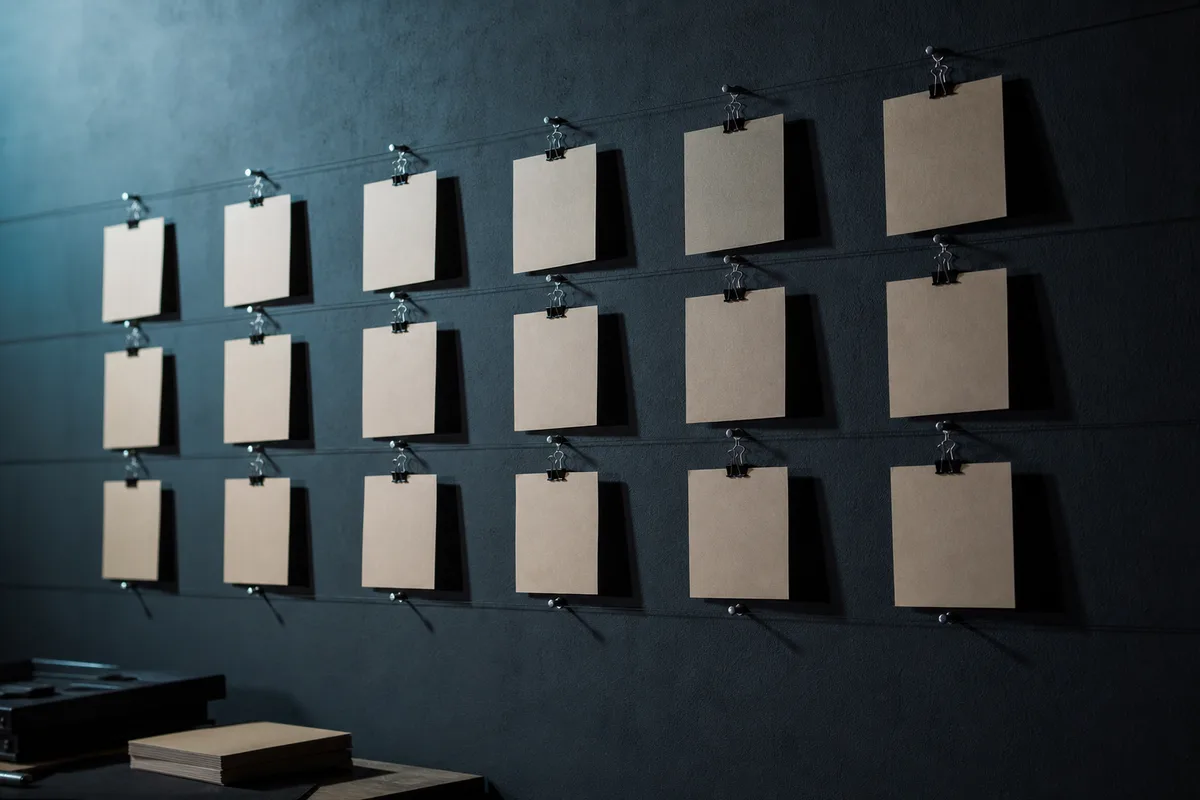 Calendrier mural et fiches alignées dans une lumière froide, planification d'une campagne