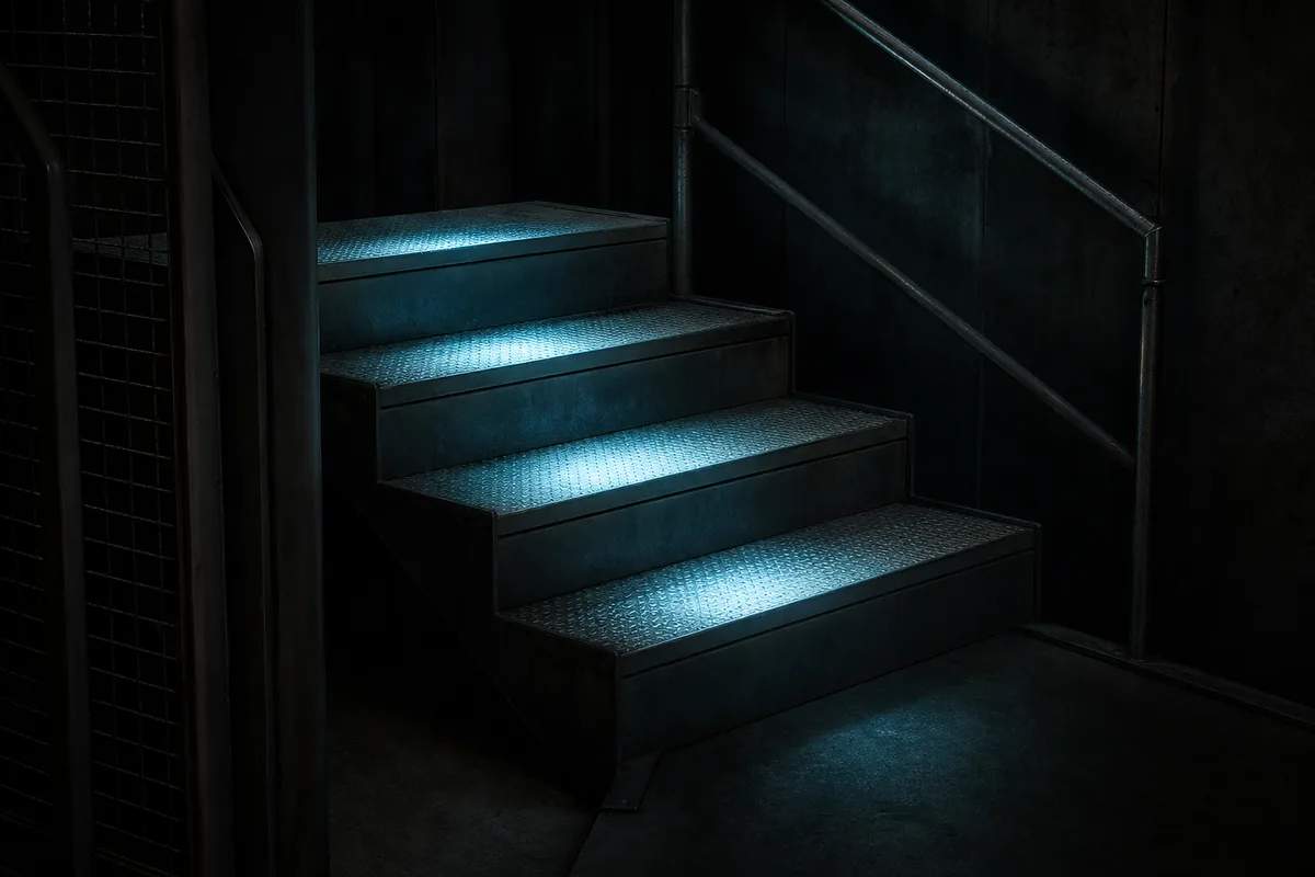Quatre paliers d'un escalier métallique éclairés séparément