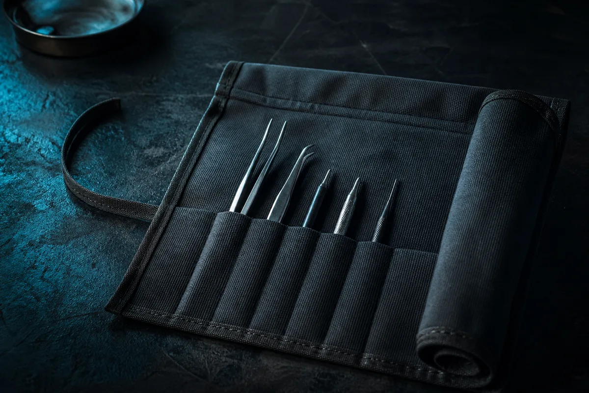 Trousse d'intervention ouverte sur un plan de travail sombre