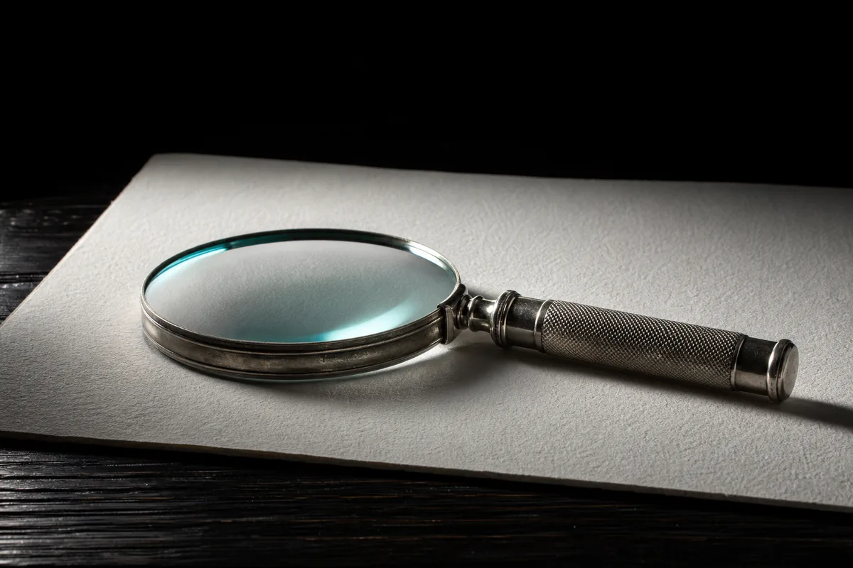 Loupe posée sur un document imprimé dans une lumière froide et rasante