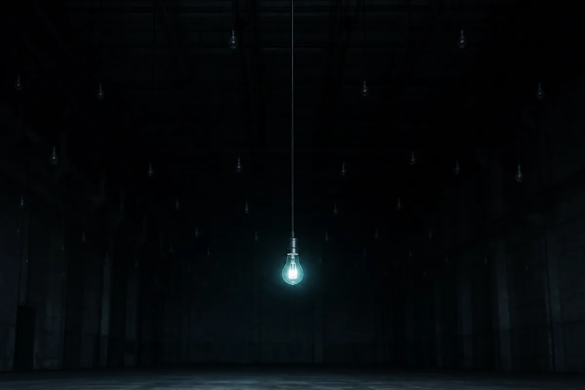 Ampoule allumée isolée au bout d'un câble, loin du reste de l'installation