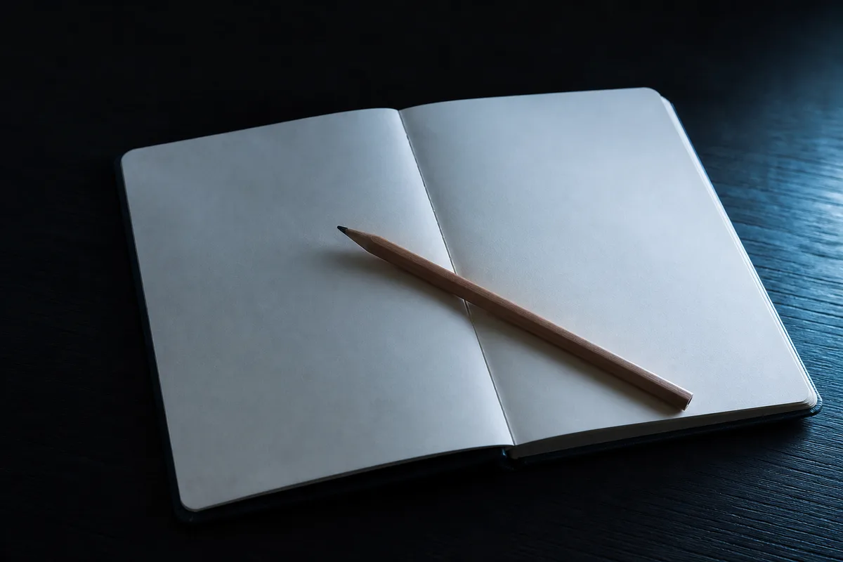 Carnet ouvert et crayon posés sur un bureau sombre, page vierge
