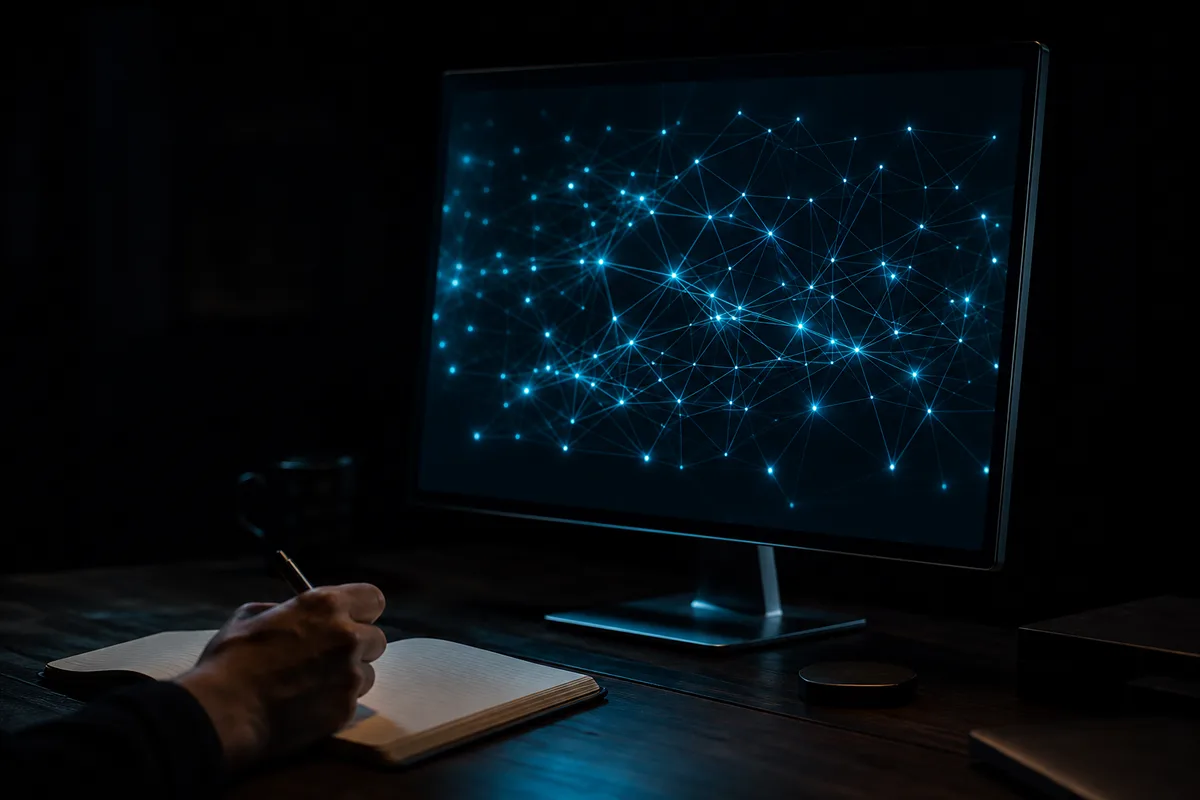 Poste de travail sombre où un profil de liens est analysé sur écran, lumière cyan rasante