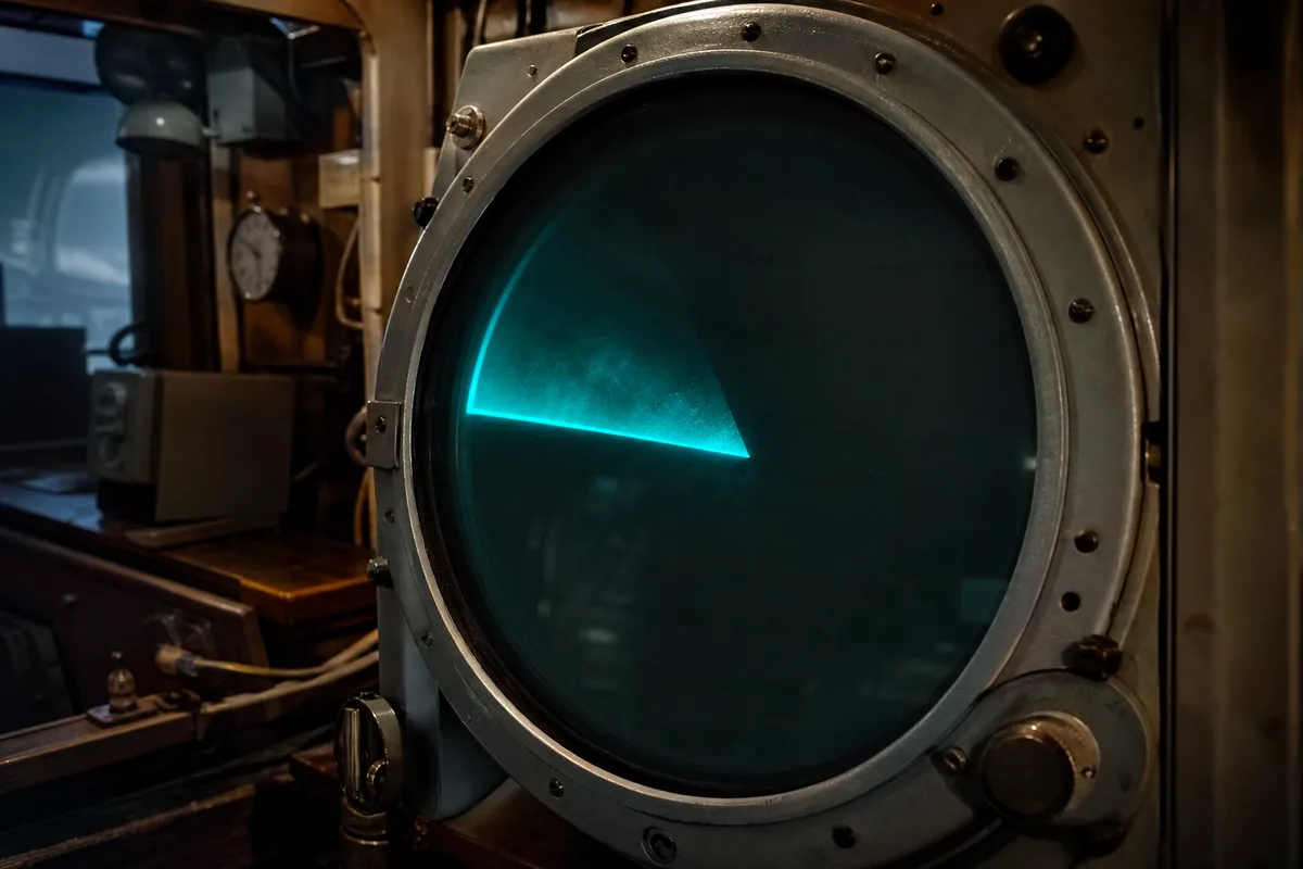 Sonar circulaire éteint dans une salle technique sombre