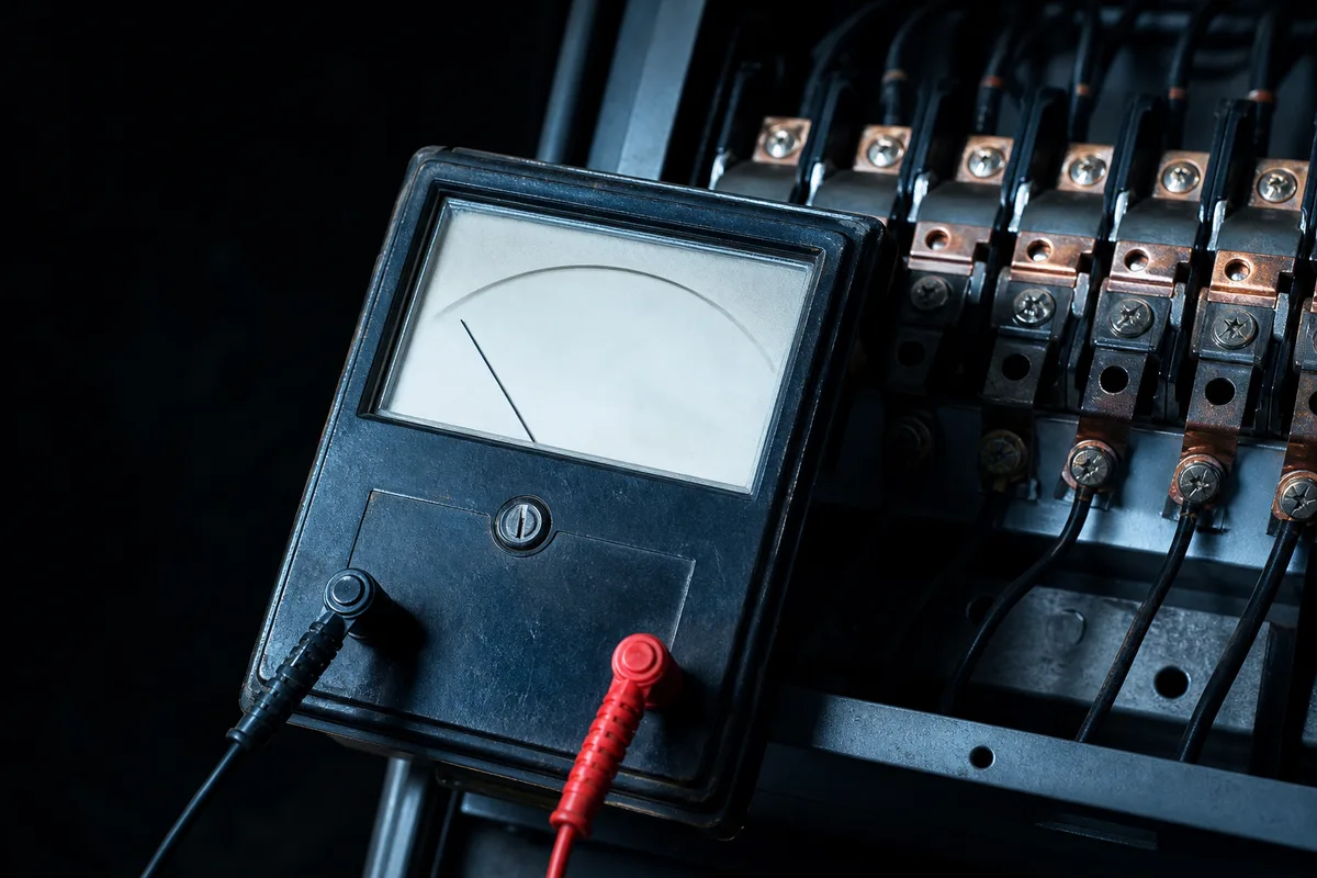 Testeur de continuité électrique posé sur un tableau ouvert