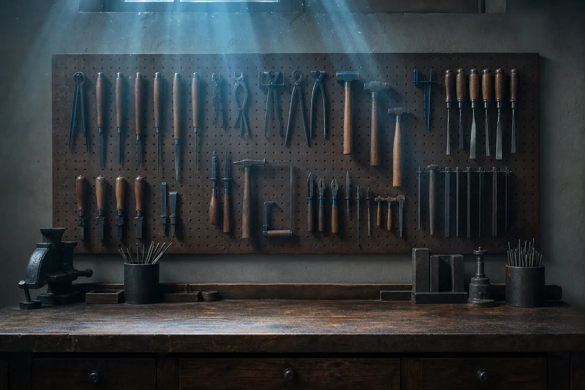 Atelier d'artisan sombre avec établi et outils rangés au mur
