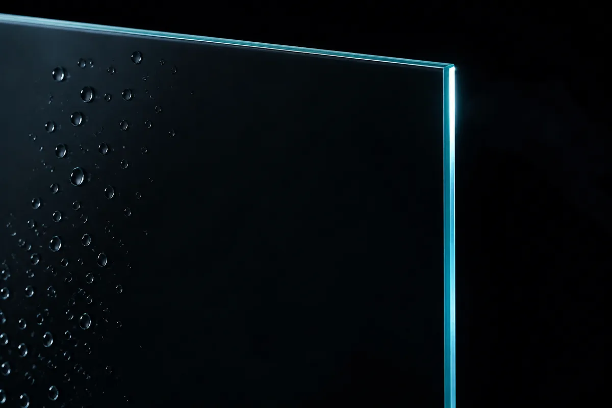 Vitre transparente fraîchement nettoyée devant un fond sombre