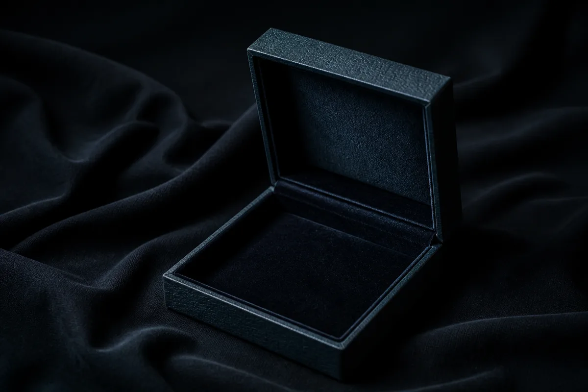 Coffret de luxe ouvert et vide sur un tissu sombre