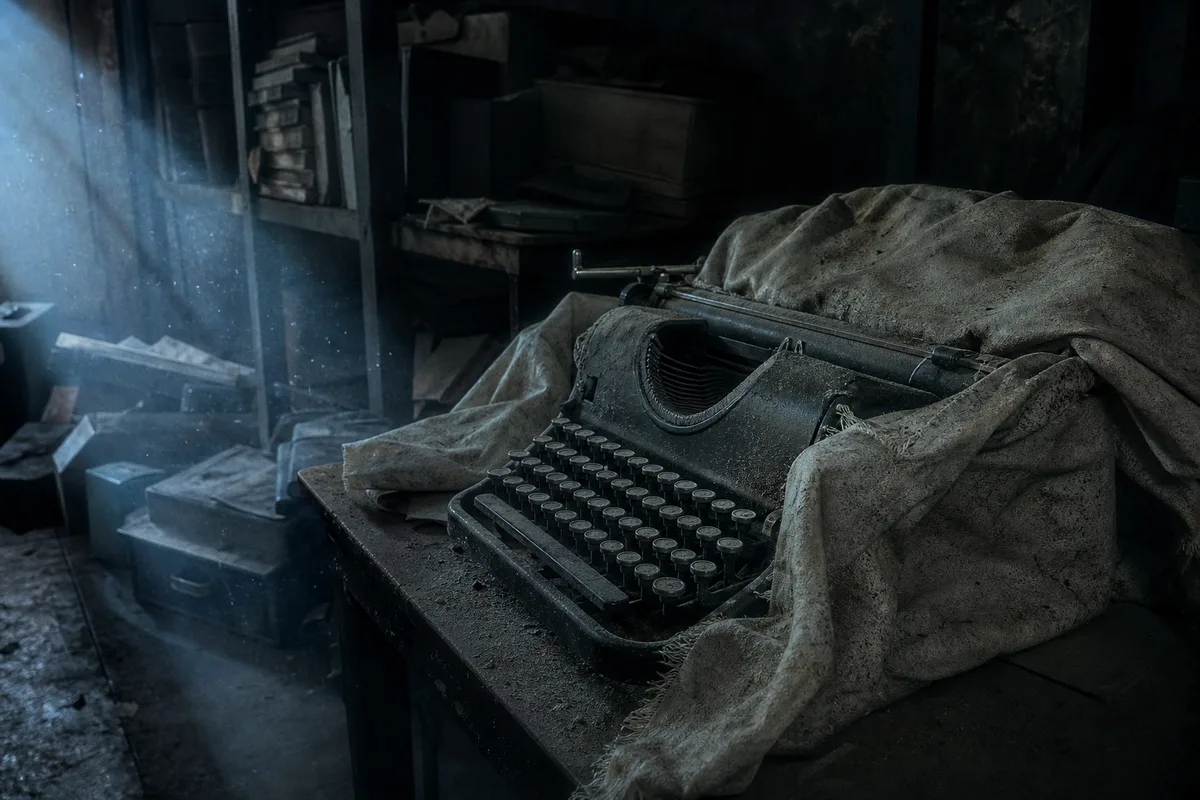 Machine à écrire mécanique abandonnée sous une bâche dans un local sombre