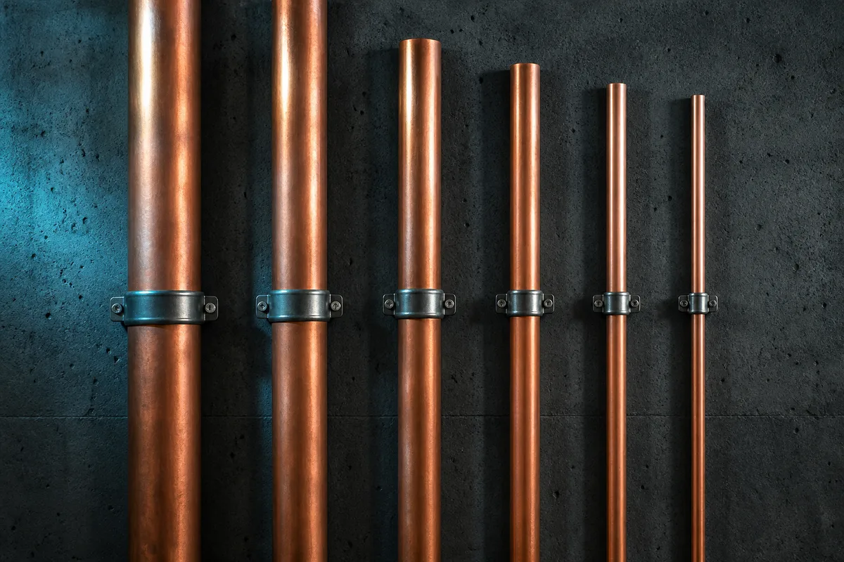 Six tuyaux de cuivre de diamètres différents alignés sur un mur sombre