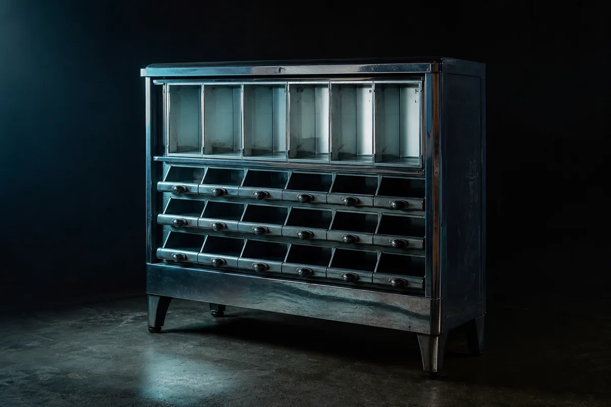 Distributeur automatique ancien en métal dans une pièce sombre