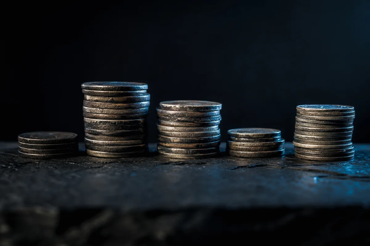 Piles de pièces de monnaie de hauteurs inégales sur une surface sombre