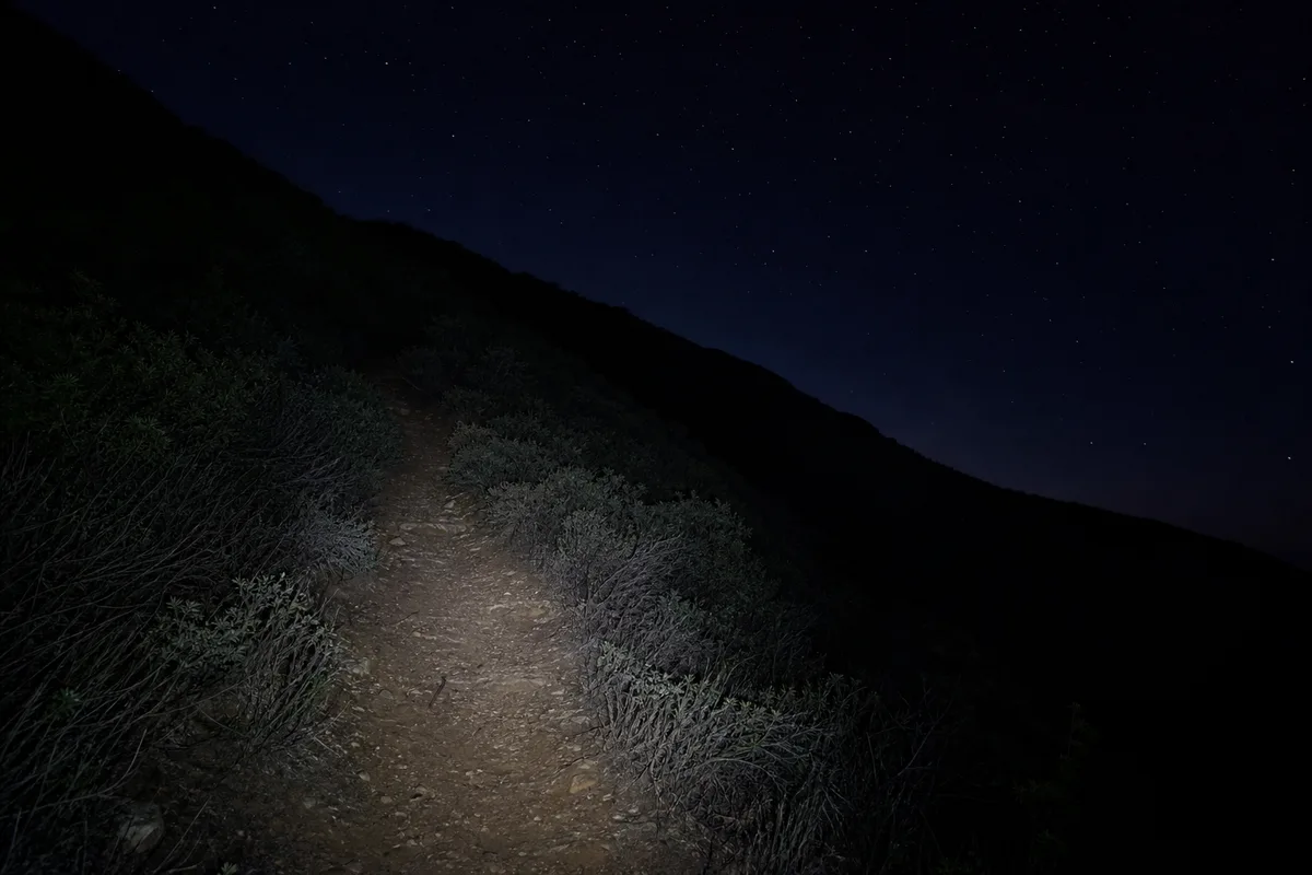 Sentier de montagne éclairé par une lampe frontale dans la nuit