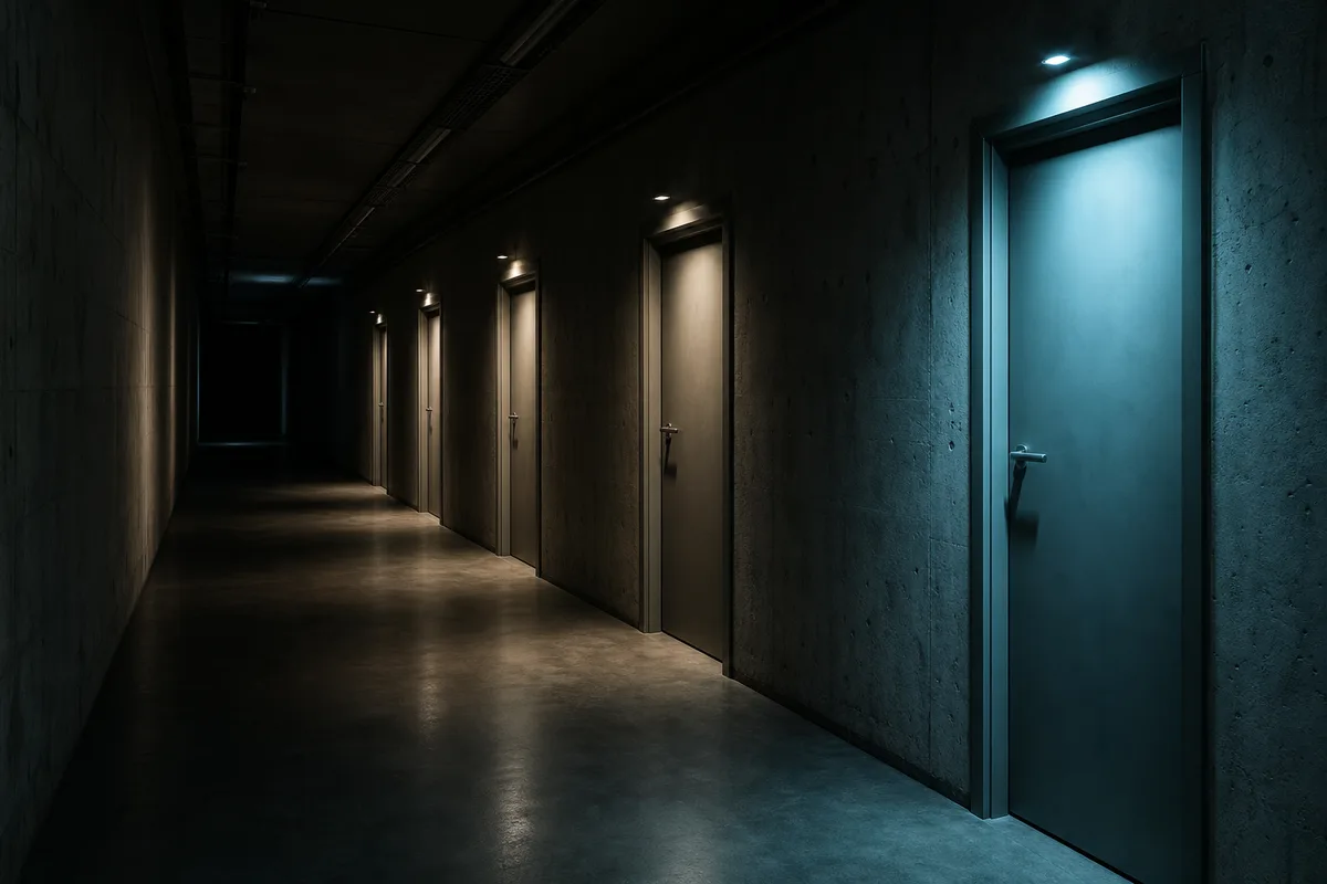 Plusieurs portes en enfilade dans un couloir sombre, chacune éclairée différemment
