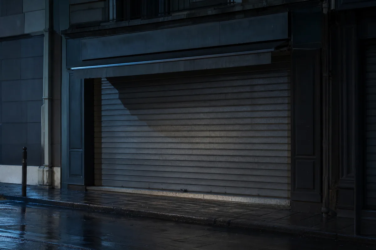 Devanture de commerce fermée et poussiéreuse dans une rue sombre